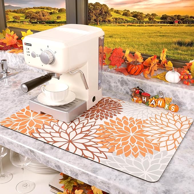 Findosom 2PCS 16" x 24" Fall Dish Drying Mat & 24" x 5.5" Sink Splash Guard, Super Absorbent & Cuttable Dish Mat Drying Kitchen Mat with Orange Floral, Hide Stain Drying Mat for Kitchen Counter - Image 8