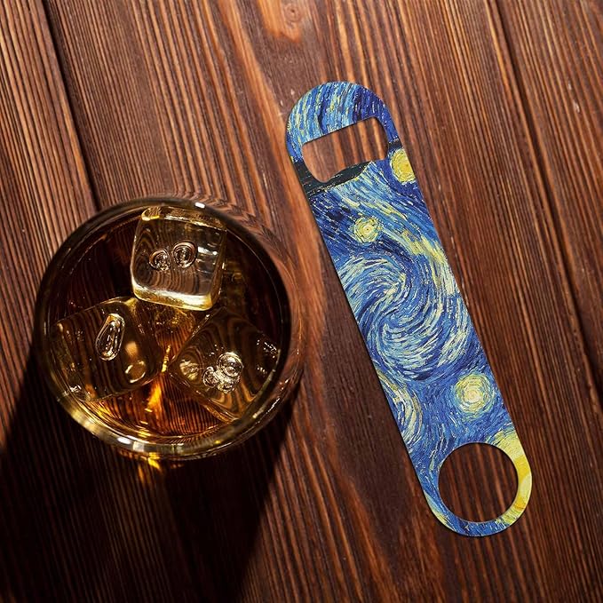 Starry Night Stainless Steel Bottle Opener Van Gogh Oil Panting Art Classic Vivid Star Cloud Universe Creative Flat Beer Bottle Opener Keychain for Home Kitchen Bar Restaurant Party Gift