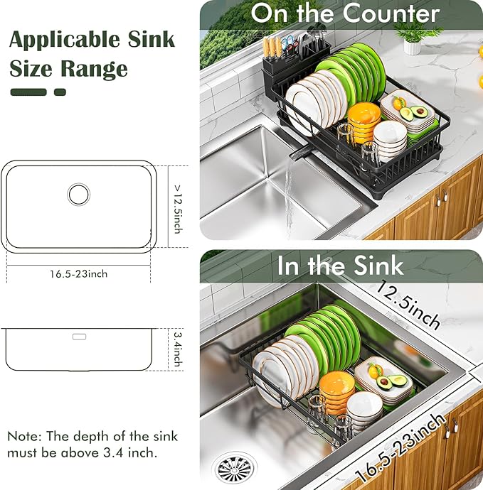 Kmiectse Dish Drying Rack - Space-Saving Small Dish Rack for Kitchen Counter, Rust-Resistant Kitchen Drying Rack, Compact Dish Drainer Organizer with Utensil Holder for Home Kitchen, Black - Image 7