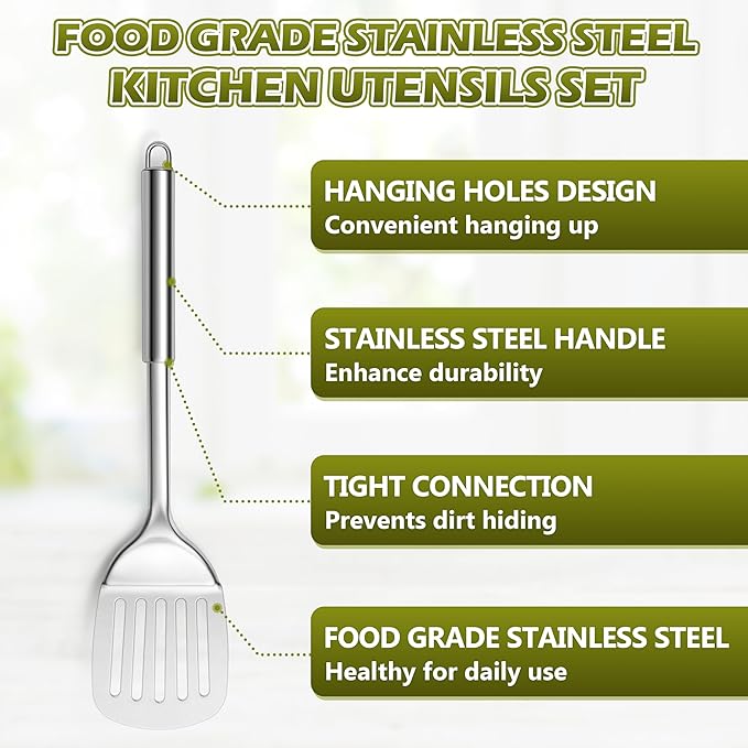 E-far Cooking Utensils Set, 10-Piece Stainless Steel Kitchen Utensils with Holder, Metal Heat Resistant Kitchen Cookware Tool Spatula Set for Cooking, Easy Clean & Dishwasher Safe - Image 9