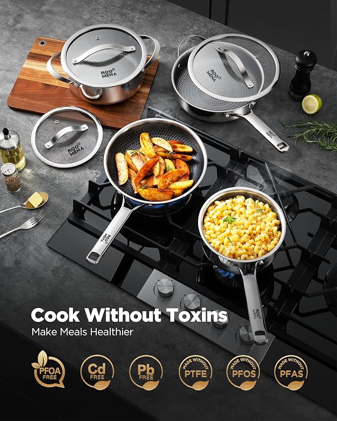 Roomena Frying Pans Nonstick with Lid, Hybrid Ceramic Nonstick Tri-Ply Saute Pan with Lid, PFAS/PFOA/PTFE Free, Metal Utensil Safe, Dishwasher & Oven Safe, Induction Compatible
