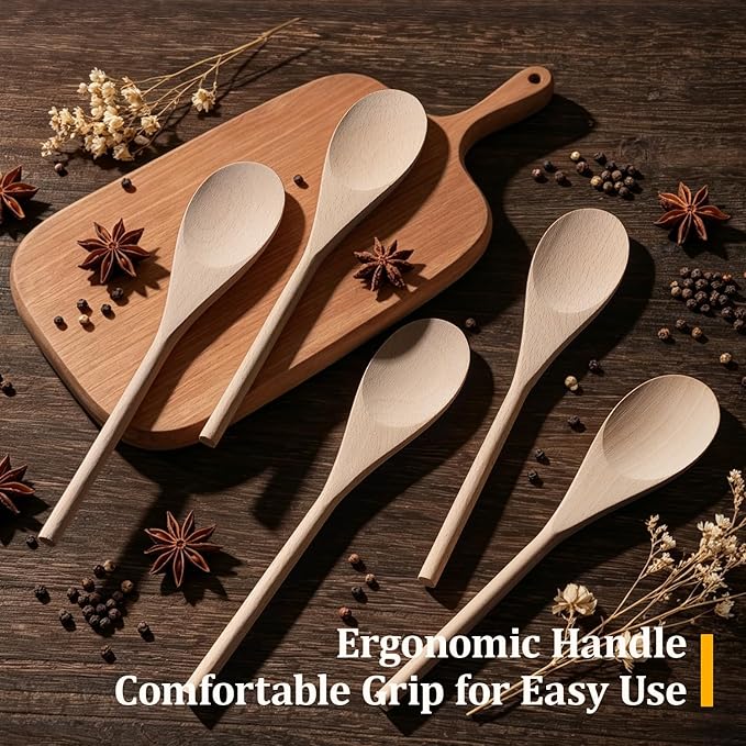 Wooden Spoons for Cooking, MORGLES 10-Inch Serving Spoons for Stirring Mixing Serving Long Handle Plastic Free Reusable Non Scratch Dishwasher Safe, 5PCS