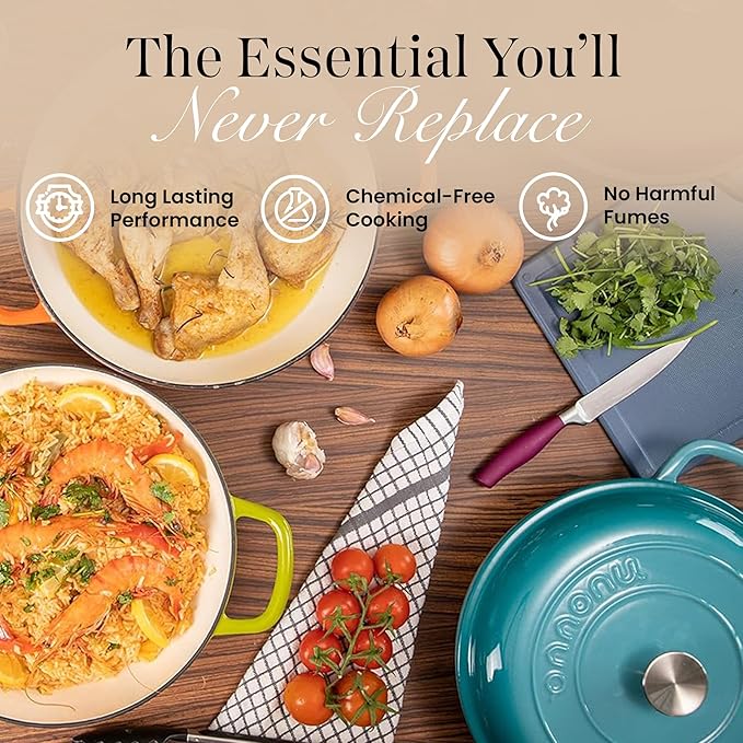Shallow Cast Iron Casserole with Lid – Non Stick Dutch Oven Pot, Oven Safe up to 500° F – Sturdy Ovenproof Stockpot Cookware – Enamelled Cooking Pot – Black, 5-Quart, 32cm – by Nuovva