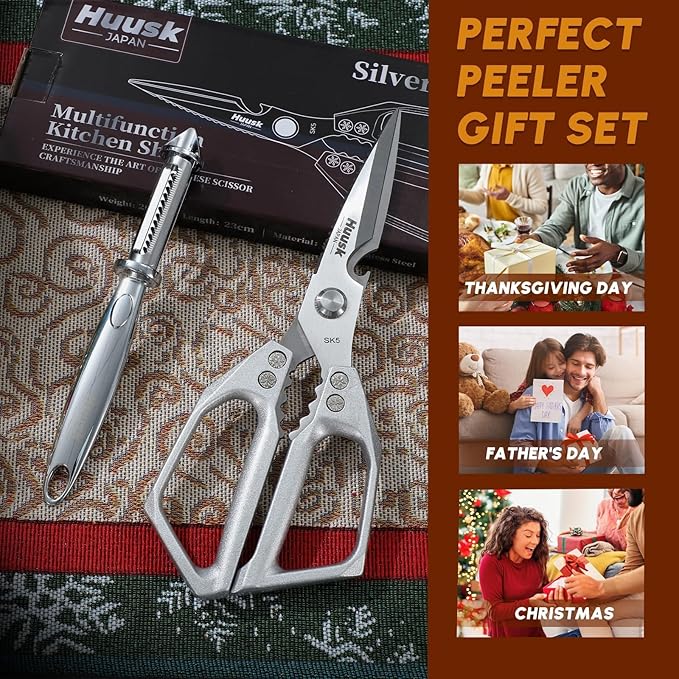 Huusk Kitchen Scissors and Potato Peelers Set, Multifunction Japanese Vegetable Peeler for Kitchen, Stainless Steel Cooking Shears with Fruit Peeler for Carrot, Veggie, Gifts for Women - Image 7