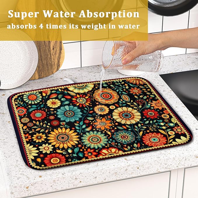 Bohemian Style Flowers Drying Pad Boho Floral Dish Drying Mat for Kitchen Counter Absorbent Microfiber Drainer Rack Mat - Image 7