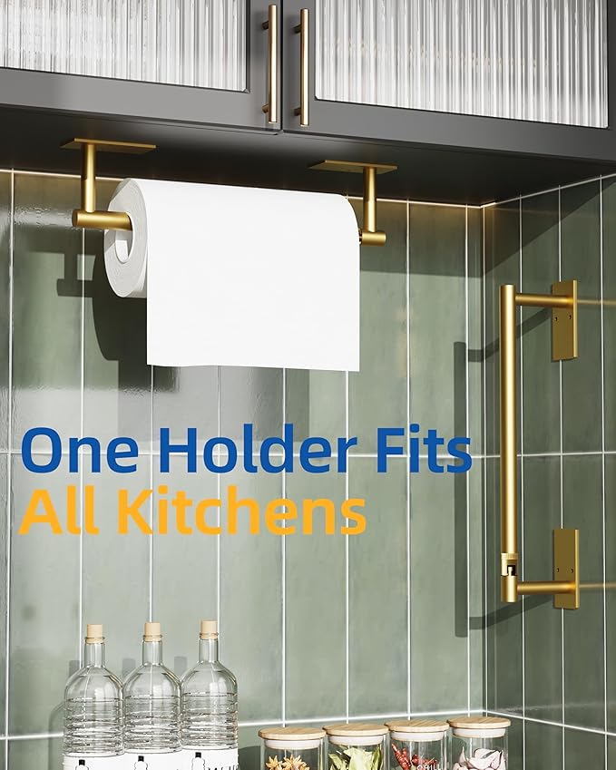 RUACQ Paper Towel Holder Under Cabinet, Wall Mounted or Adhesive Stainless Steel Paper Towel Holder,Square Base Paper Towel Rack for Kitchen, RV, Bathroom (Brushed Gold)