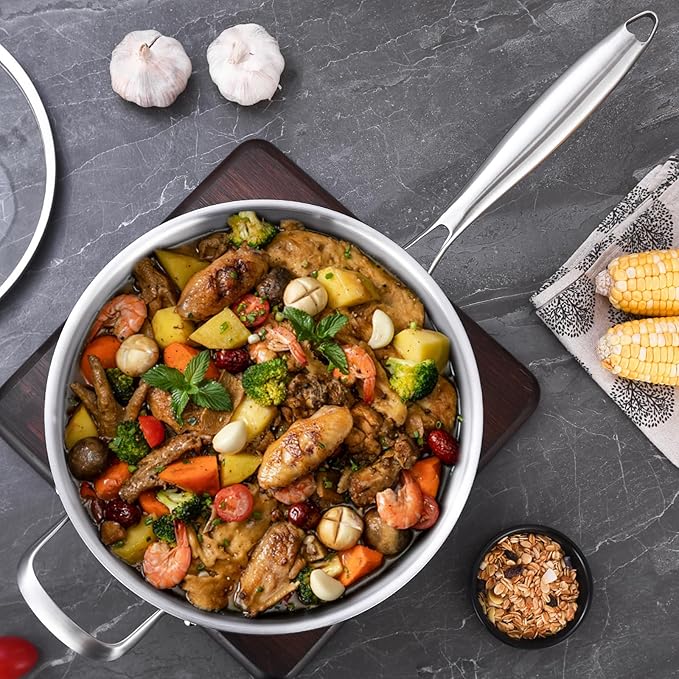 LOLYKITCH 7 QT Tri-Ply Stainless Steel Sauté Pan with Lid,12 Inch Deep Frying pan,Large Skillet,Jumbo Cooker,Induction Cooking Pan,Oven Safe and Detachable Handle. - Image 6
