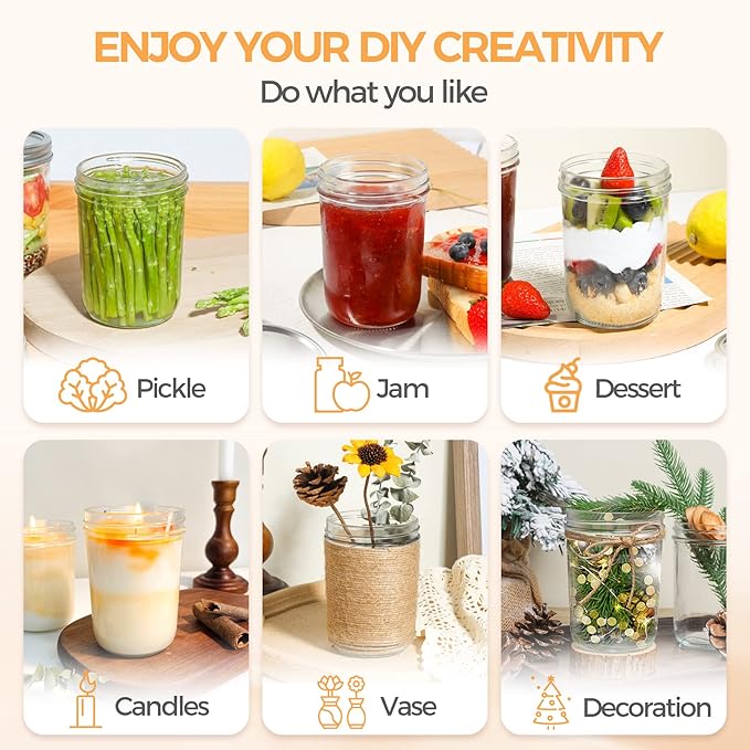 ComSaf Wide Mouth Mason Jars 16oz - 8 Pack, Pint Mason Jars with Lids and Seal Bands, Glass Canning Jars for Pickling, Jam, Jelly, Honey, Salad, Desert, Shower Wedding Favors, DIY Candles Decor - Image 9