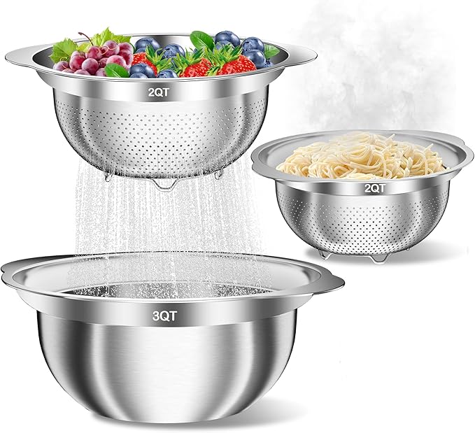Stainless Steel Colanders with Mixing Bowl - 2.0QT & 2.0QT Strainer and Colander with Handle, 3.0QT Nesting Kitchen Bowl with Colander For Pasta, Vegetables, Fruit, Rice, 3PCS - Image 8
