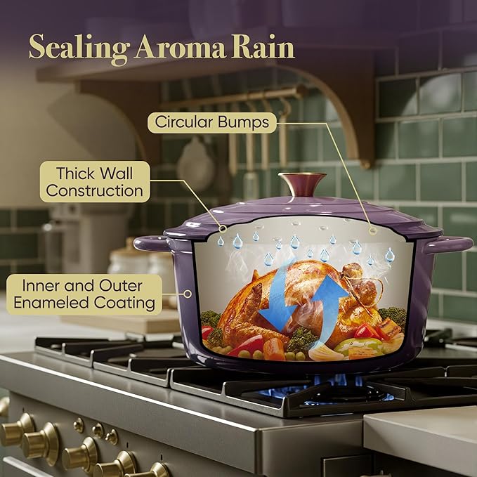6 Quart Dutch Oven Pot with Lid, Non Stick Enameled Cast Iron Dutch Oven for Bread Baking, Heavy-Duty, Oven Safe Ceramic Cookware Up to 500°F for Baking, Braising, Stews, Roasting, Purple - Image 7