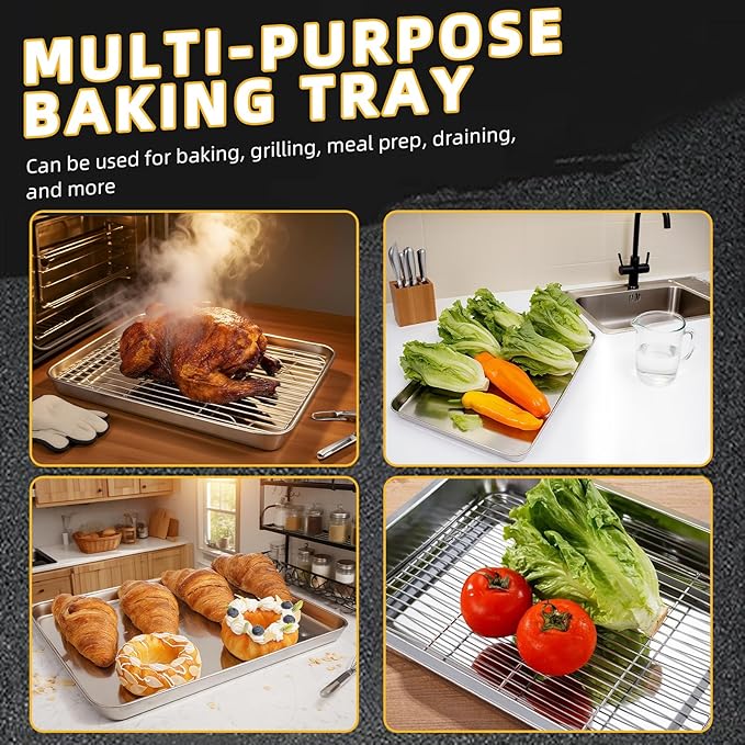 4-Piece Baking Sheet Set with Cooling Rack, Stainless Steel Cookie Sheets & Baking Pans Set, Non-Stick Cookie Trays for Oven Roasting & Food Prep, BPA-Free 10/12/16 Inch - Image 6