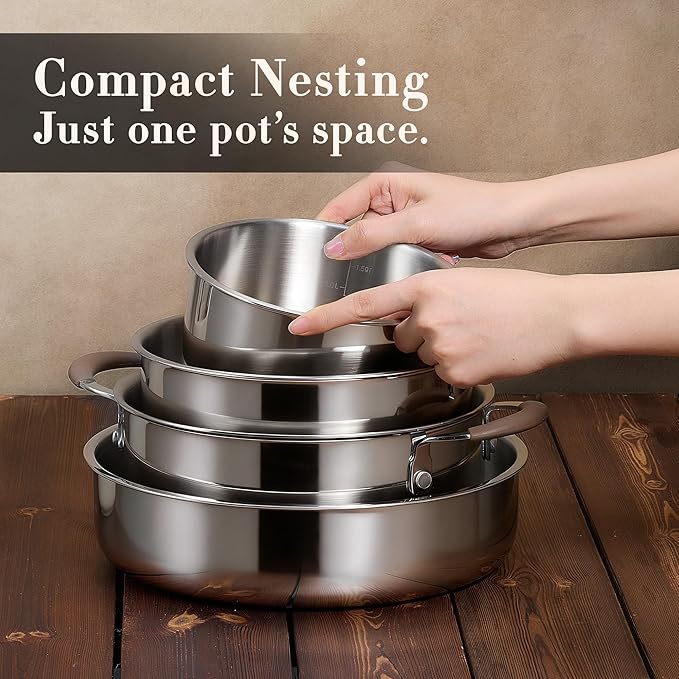 CAROTE 13 PCS Tri-Ply Stainless Steel Cookware Set with Detachable Handle, Pots and Pans Set, Induction Kitchen Cooking Sets, RV/Camping Cookware, Oven Safe - Image 7