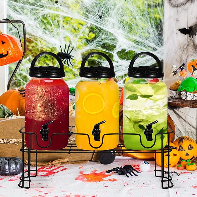 Tanlade 3 Pcs Plastic Drink Dispenser with Stand Beverage Dispenser with Sturdy Metal Base Juice Dispensers for Parties Lemonade Jar Spigot for Weddings Countertop, Each 1 Gallon(Black)