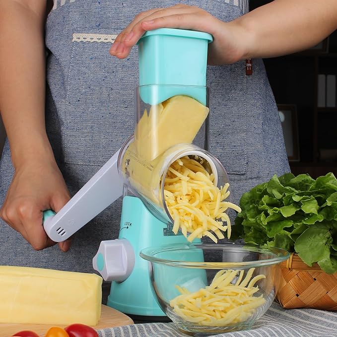 Cambom Rotary Cheese Grater Hand Crank Cheese Shredder for Fresh Cheese, Vegetable, Nuts,Non-slip Suction Base, Free Cleaning Brush Three Blades, Blue - Image 9