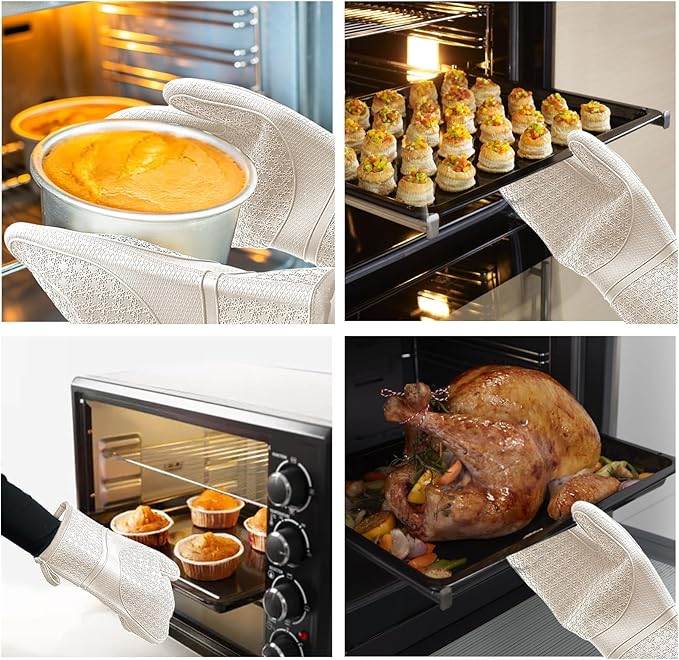 Hovico Silicone Oven Mitts, Heat Resistant 500F Kitchen Mitts 2PCS, 11.6" BPA-Free Soft Baking Gloves, Non-Slip Grip Oven Gloves with Soft Cotton Lining for Kitchen Cooking Baking BBQ - Apricot - Image 7