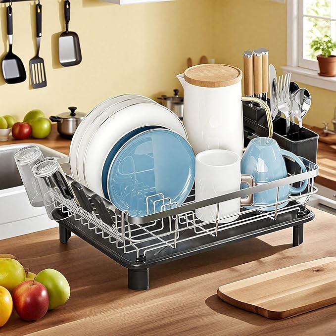 MOUKABAL Dish Drying Rack, Dish Rack, Stainless Steel Dish Racks for Kitchen Counter, Dish Drainer with Removable Utensil Holder, Drainboard (Black,Stainless Steel,13''W x 17''L) - Image 8