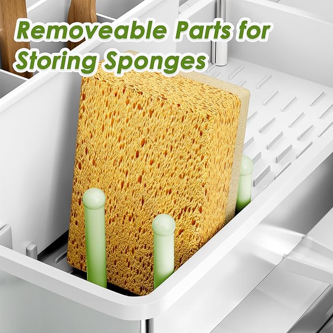Ewaiira Stainless Steel Sink Caddy, Sponge Holder for Kitchen Sink with Brush Holder & Dishcloth Rack, Rustproof Organizer Countertop, Soap Dispenser Kitchen Organizers Storage Essentials, White 9.8″ - Image 9