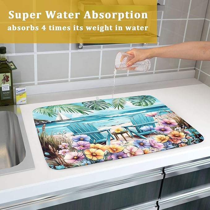 Spring Summer Sea Chair Dish Drying Mat for Kitchen Counter,Coastal Beach Palm Leaf Flowers Drying Mat 18 x 24 Inch with Absorbent Reversible Microfiber Drying Pad for Coffee Bar - Image 7