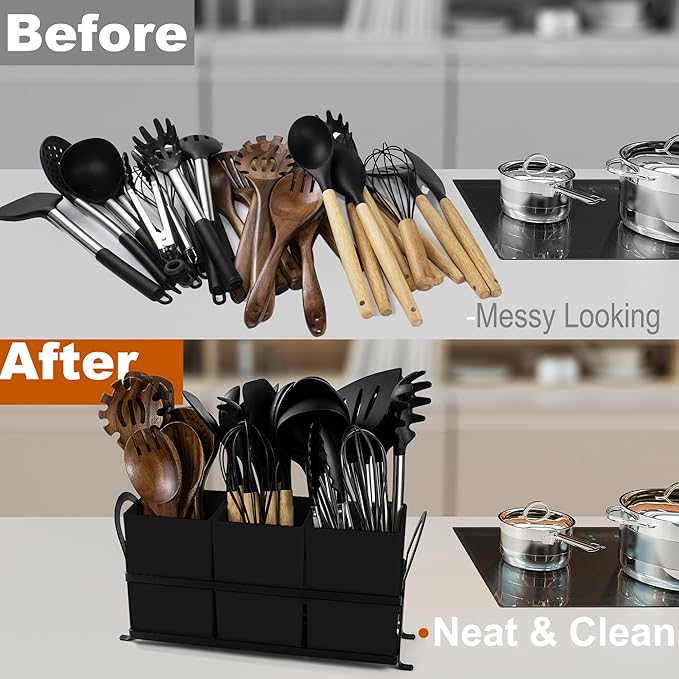 Czlizdyt Large Kitchen Utensil Holder, Drainage Utensil Caddy for Countertop, 3pcs Bins Set Cooking Utensil Organizer for Spoons, Spatulas, Black - Image 6