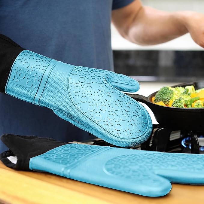 BPA-Free Soft Silicone Oven Mitts - Ultra Heat Resistant Oven Mitts with Thick Cotton Liner - Extra Long Slip Resistant Pot Holders, Flexible Oven Gloves - Aqua/Black 14.7" - Image 9