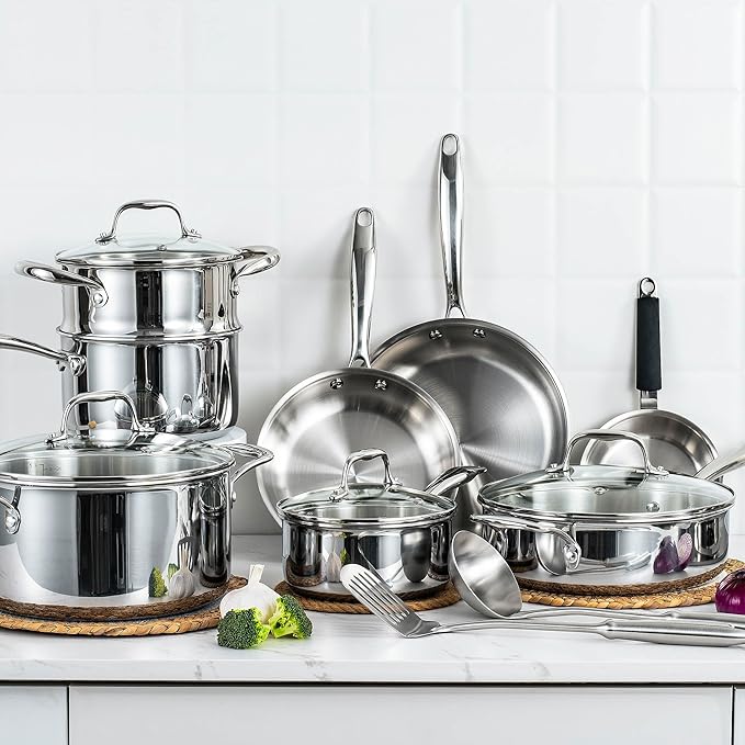 SuperCook Tri Ply Stainless Steel Cookware Set, 16-Piece Pots and Pans Set with Kitchen Utensils and Steamer, Non-Toxic, Multiclad, Induction Oven Compatible, Dishwasher Safe