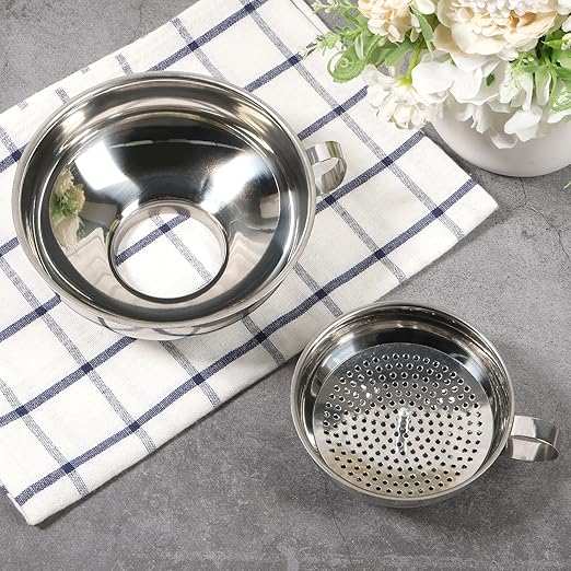 3 Piece Stainless Steel Canning Funnel Set with Strainer, Wide Mouth Mason Jar Funnels for Kitchen, Metal Funnel for Filling Bottles, Canning Supplies for Preserving, Dishwasher Safe