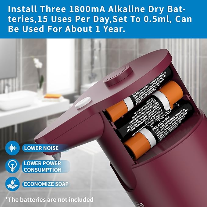 Automatic Soap Dispenser Touchless, Hands-Free, Multi Adjustable Volume, Long Battery Life, Compatible with Thick & Thin Dish/Hand Soap for Bathroom and Kitchen, Easy for Toddlers, Red - Image 6
