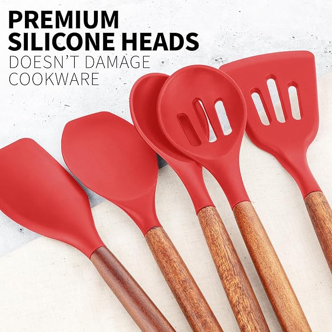 Zulay Kitchen Utensils Set Non-Stick Silicone Cooking Utensils Set with Authentic Acacia Wood Handles - 5 Piece Silicone Utensil Set - Kitchen Utensils Set with 464°F Heat Resistance - Red - Image 9