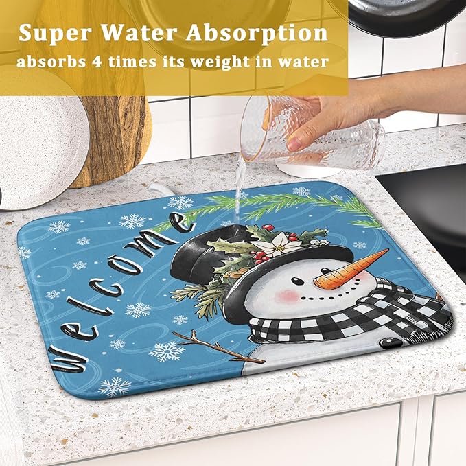 Christmas Snowman Dish Drying Mat for Kitchen Counter 16x18 Blue White Snowflake Welcome Winter Holiday Absorbent Reversible Microfiber Drying Mats Kitchen Countertop Protector Dishes Drainer Rack Pad - Image 7