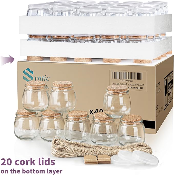 Syntic 40 Pack Small Glass Jars with Cork Lids, 7oz Empty Mason Jars for Making Candles, Yogurt Container with PE Lids for Wedding Favors, Baby Shower, Candy, Spices with Twine, Labels - Image 8