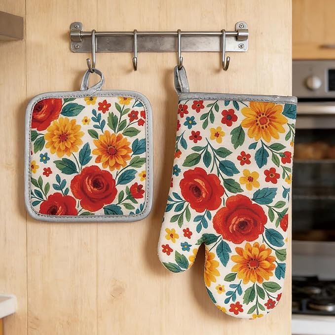 Floral Oven Mitts and Pot Holders Sets 2 Pcs, Canvas Heat Resistant Kitchen Mittens with Hot Pads, Vintage Farmhouse Country Decor, Non-Slip Cooking Baking Grilling Gifts for Women Mom (Flower1)