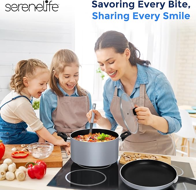 SereneLife Kitchenware Pots & Pans Basic Kitchen Cookware, Black Non-Stick Coating Inside, Heat Resistang Lacquer (11 Piece set), One Size, Gray - Image 7