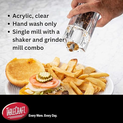 TableCraft 11832, Acrylic Salt and Pepper Mill Combo, 2-in-1 Grinder and Shaker, Clear, 30ml Shaker / 75ml Grinder, Break-Resistant, Square Design, Commercial Foodservice Grade - Image 4
