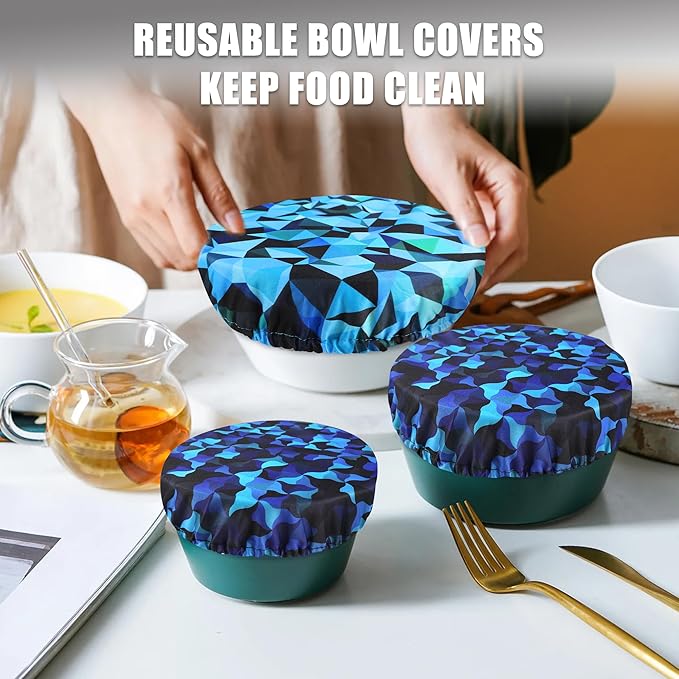 wegreeco Elastic Reusable Bowl Covers for Bread Proofing, Fabric Cloth Sourdough Bowl Covers for Proofing - Set of 6, Geometrical Blue