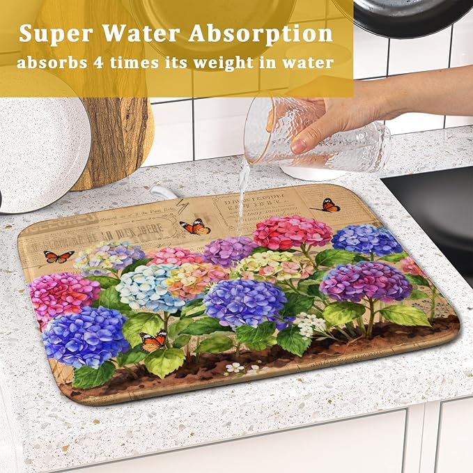 Vintage Hydrangea Dish Drying Mat Watercolor Floral Microfiber Absorbent Dish Drying Pad for Kitchen Counter Small - Image 7