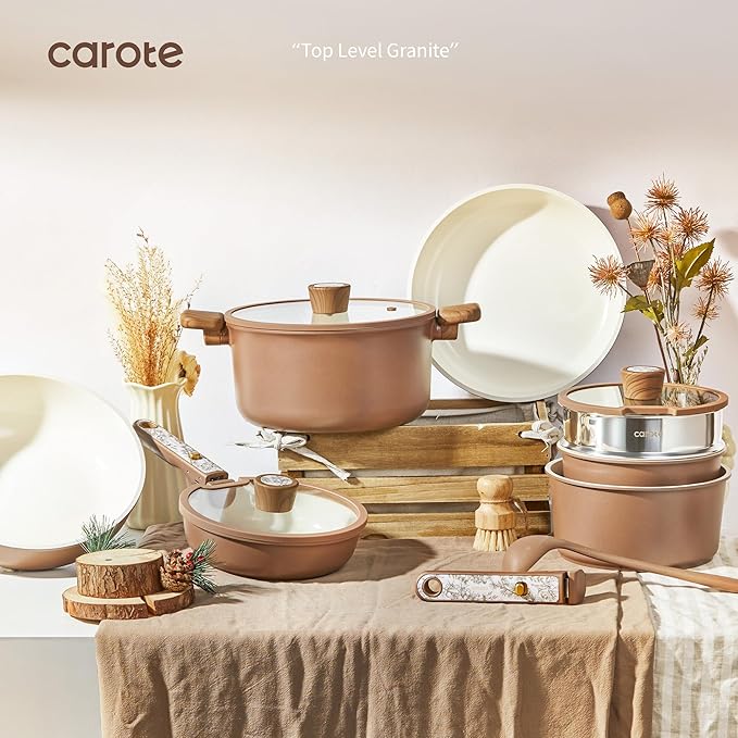 CAROTE 25-Piece Ceramic Cookware Set, Nonstick Pots and Pans Set with Detachable Handle, Non-Toxic Kitchen Cooking Set, Dishwasher & Oven Safe, Induction Compatible, PFAS Free, Chocolate - Image 9