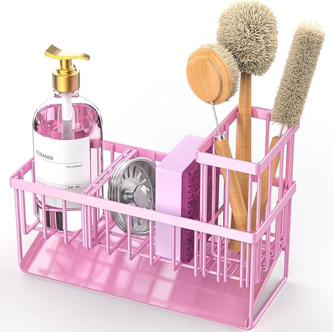 Cisily Pink Kitchen Sink Caddy Organzier with High Brush Holder, Sponge Holder for Sink, 304 Rustproof Stainless, Kitchen Countertop Soap Dispenser Organizer - Image 7