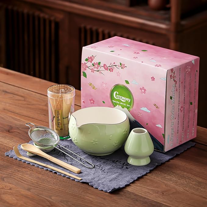 Clay&Fire Matcha Whisk Set, 9 pcs Ceramic Matcha Set, Gifts for Women,Matcha Bowl with Spout and Whisk, Matcha Kit for Matcha Lovers, Ideal Gift Christmas, Birthday, Anniversary (Cherry Bloom-Green) - Image 7
