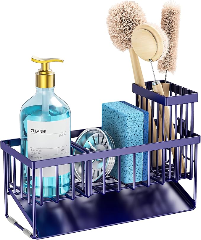 Cisily Navy Blue Sink Caddy Organzier with High Brush Holder, Sponge Holder for Sink, 304 Rustproof Stainless, Kitchen Countertop Soap Dispenser Organizer, Gray Blue Kitchen Decor and Accessories - Image 7