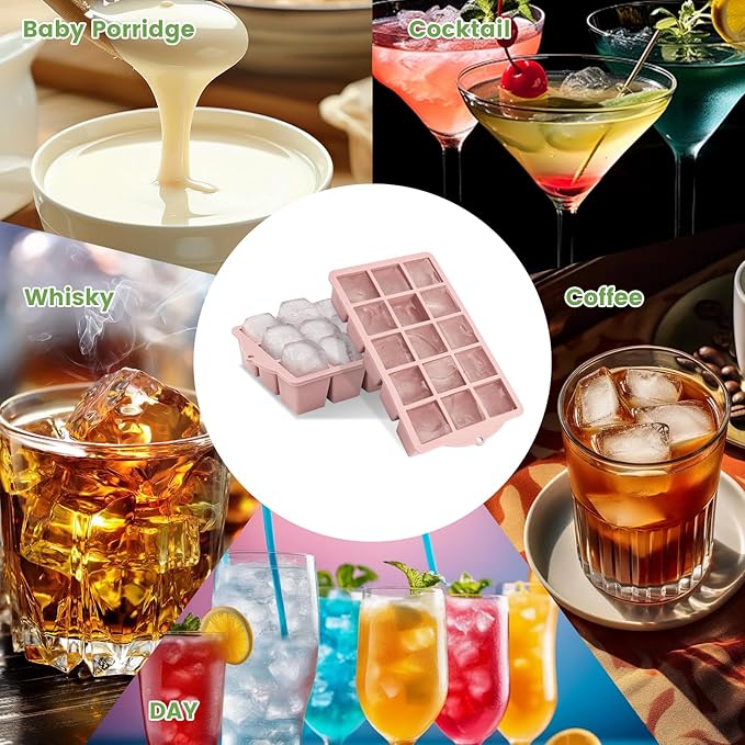 FANYITY Silicone Ice Cube Tray with Lid Pink, Pack of 4 Ice Cube Moulds, Silicone Mould, BPA-Free, Stackable Ice Cube Tray, Ice Cube Trays for Baby Porridge, Cocktail, Whiskey, Coffee
