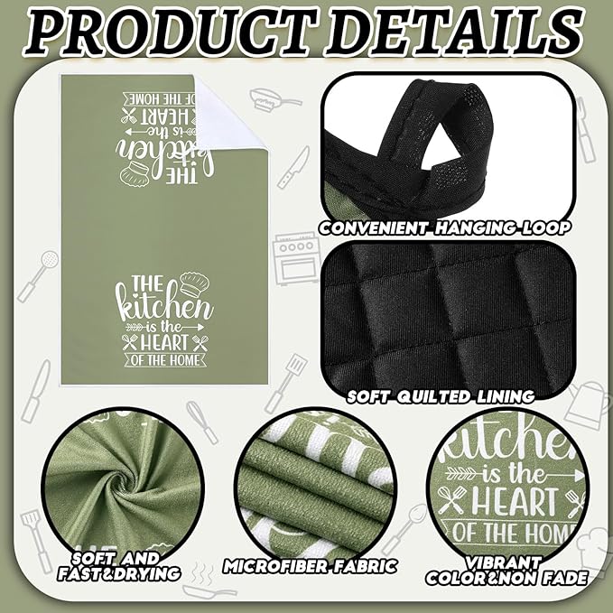 Sratte 6 Pcs Kitchen Decor Accessories Set Farmhouse Towels Pot Holders Oven Mitts Set 2 Dish Towels 2 Potholders 2 Cooking Mittens Oven Glove for Christmas Baking Cooking Supply(Green,Kitchen) - Image 6