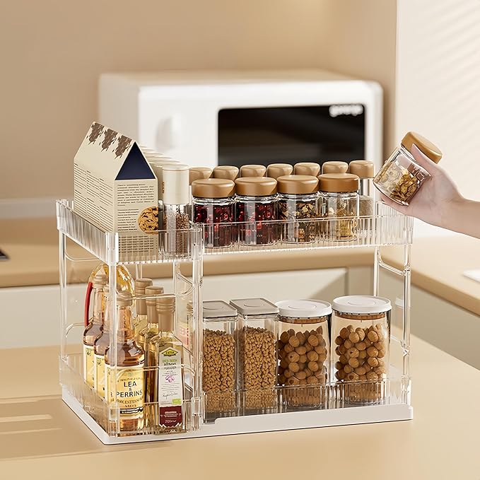 Mustorn Pull Out Spice Rack Organizer for Cabinet, Rotatable 2 Tier Slide Out Seasoning Organizer and Storage Adhesive Vertical Spice Rack Shelf Pullout for Kitchen Cabinets(2 Drawer, Acrylic) - Image 9