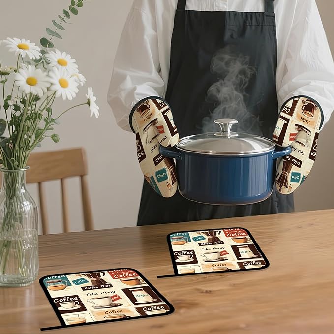 Vintage Coffee Oven Mitts and Pot Holders,Heat Resistant Oven Mitts Gloves and Pot Holder for Home Kitchen Decorations Cooking Baking BBQ Gifts,Set of 4