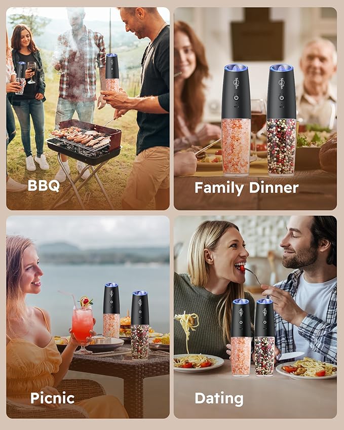 Sangcon Gravity Electric Salt and Pepper Grinder Set Shakers - UPGRADED RECHARGEABLE 9OZ XL Capacity USB-C No Battery Needed - LED Light One Hand Operation, Adjustable Coarseness Automatic Mill Set - Image 9