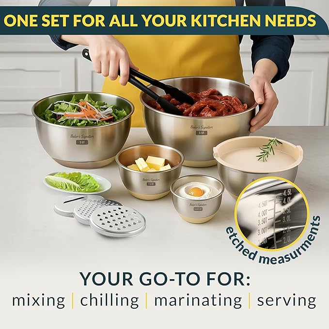 Baker's Signature Stainless Steel Mixing Bowls with Lids Set, 5 Sizes, 3 Graters, Non-Slip Base, Airtight Lids, Metal Mixing Bowls for Kitchen, Food Prep, Storage, 0.63QT-5QT, Khaki - Image 7