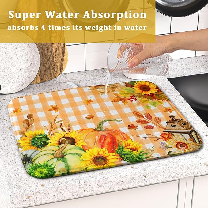 Autumn Maple Leaf Orange White Check Plaids Dish Drying Mat for Kitchen Counter,Fall Sunflower Pumpkin Drying Mat 16 x 18 Inch with Absorbent Reversible Microfiber Dish Drying Pad for Coffee Bar - Image 7