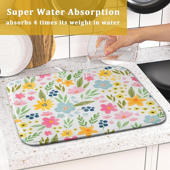 Spring Dish Drying Mat for Kitchen Counter Cute Floral Summer Holiday Microfiber Absorbent Dish Draining Reusable Washable Foldable 16"x18" - Image 7