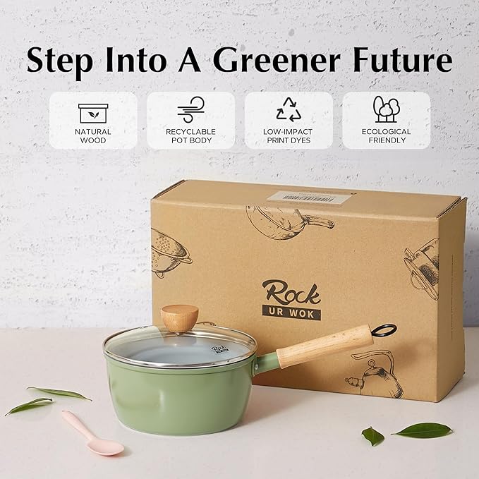 ROCKURWOK Ceramic Nonstick Sauce Pan with Lid, 1.5 Qt Small Pots for Cooking, Small Pot Wooden Handle for Cool Touch, Non Toxic & Pfas-Free Saucepan, Universal Base(Gas, Electric & Induction), Green - Image 8