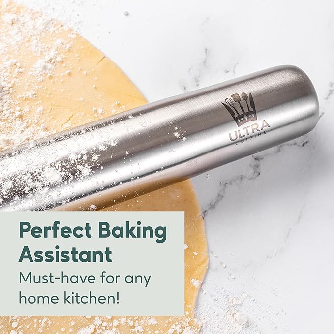 Ultra Cuisine French Rolling Pin for Baking – Use with Pizza, Cookie, and Pastry Dough, Fondant and Pie Crust – Tapered Design Bread Roller Pin, Stainless Steel 15.75-inch Large Roller Pin - Image 9