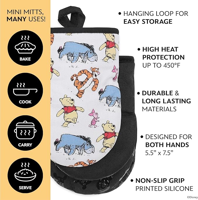 Disney Oven Mitts 2-Pack - 5.5” x 7.5” Heat-Resistant Mini Oven Mitts with Non-Slip Printed Silicone Disney Silhouettes - Pot Holders for Kitchen - Mickey & Minnie, Stitch, Winnie the Pooh